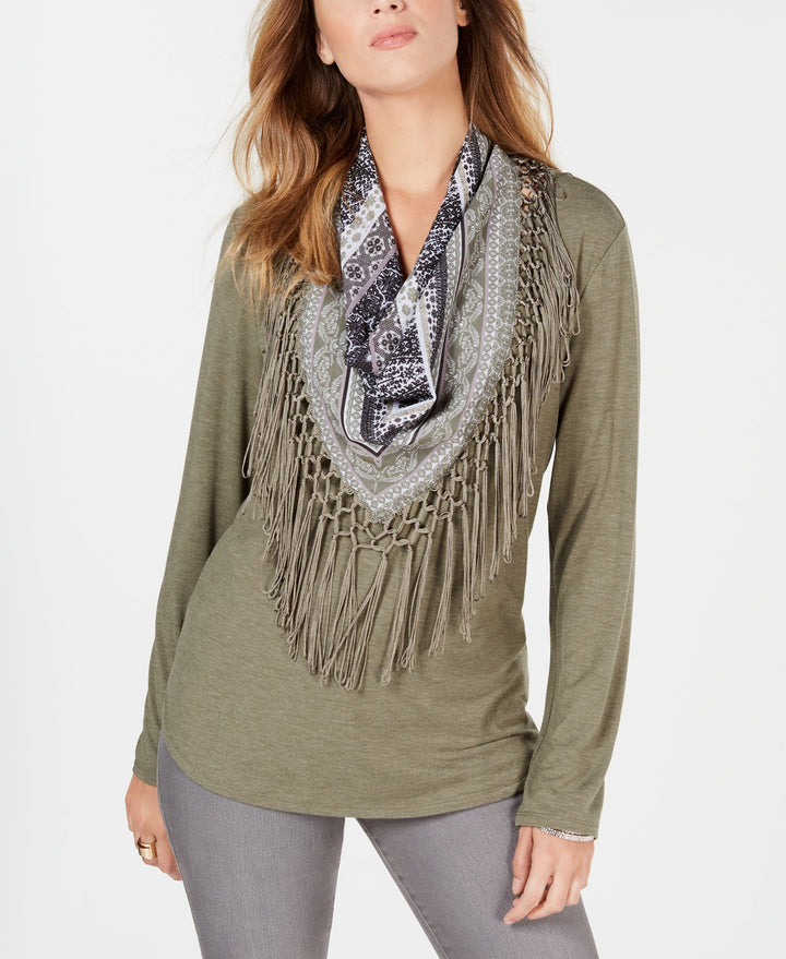 Petite Scarf-Neck Fringed Top