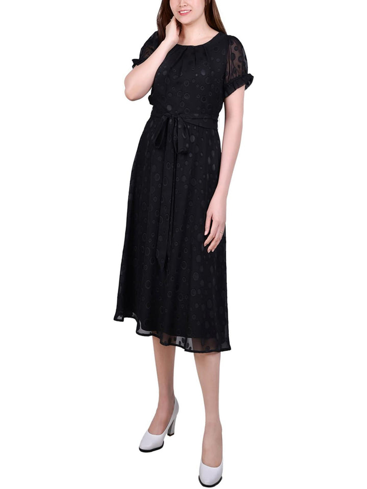 Petite Short Sleeve Belted Swiss Dot Dress
