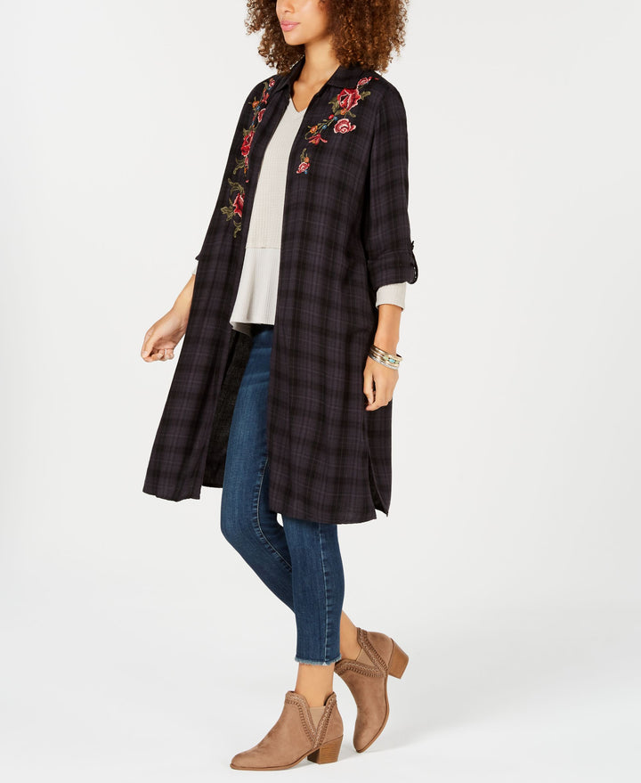Style & Co Flower Embroidered Plaid Completer Shirt