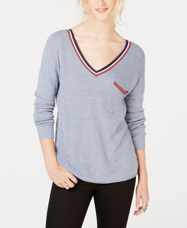 Juniors' Stripe-Trimmed V-Neck Sweater