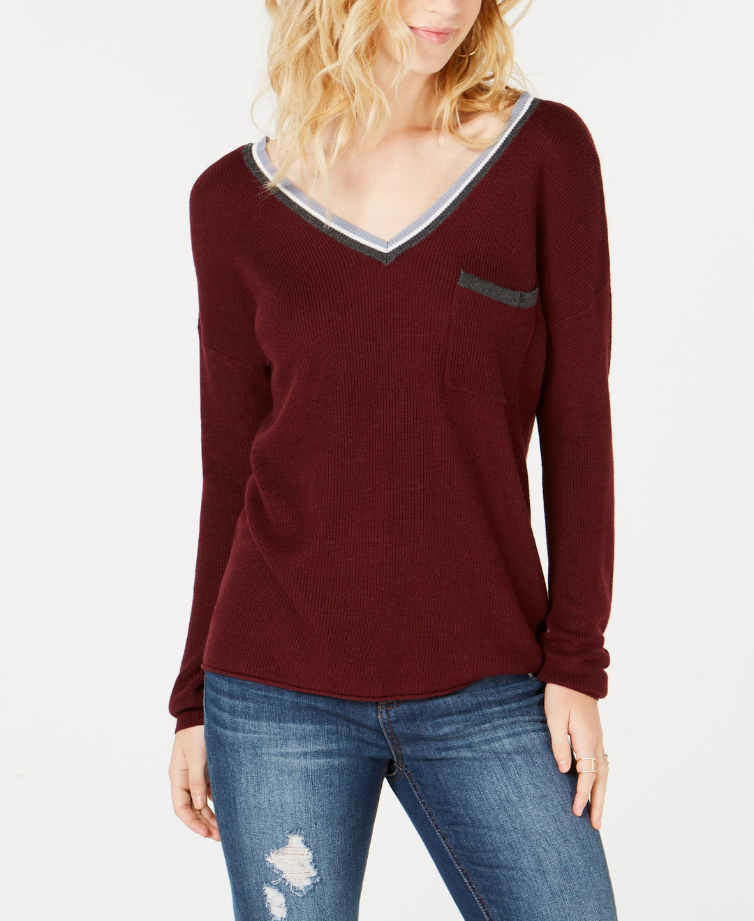 Juniors' Stripe-Trimmed V-Neck Sweater