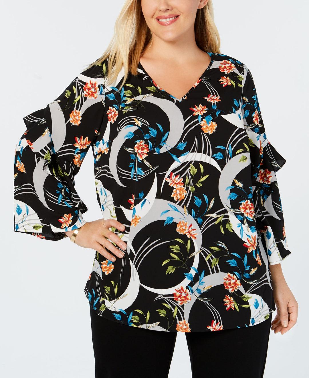 Alfani Plus Size Printed Ruffled Sleeve Zip Back Top