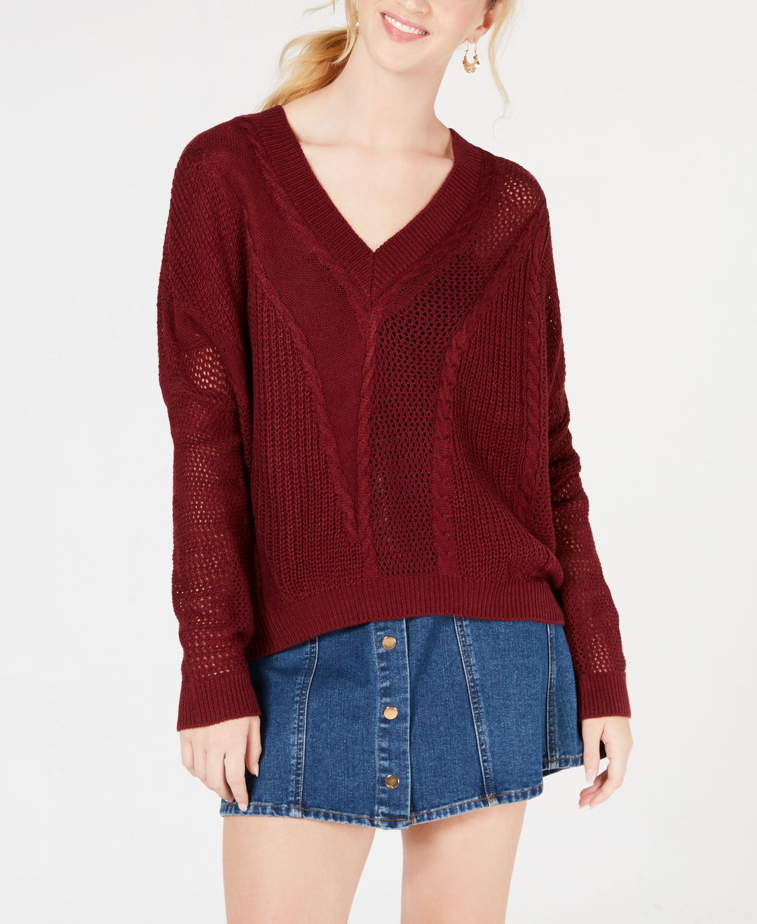 Ultra Flirt By Ikeddi Juniors Pointelle Cable Knit Sweater