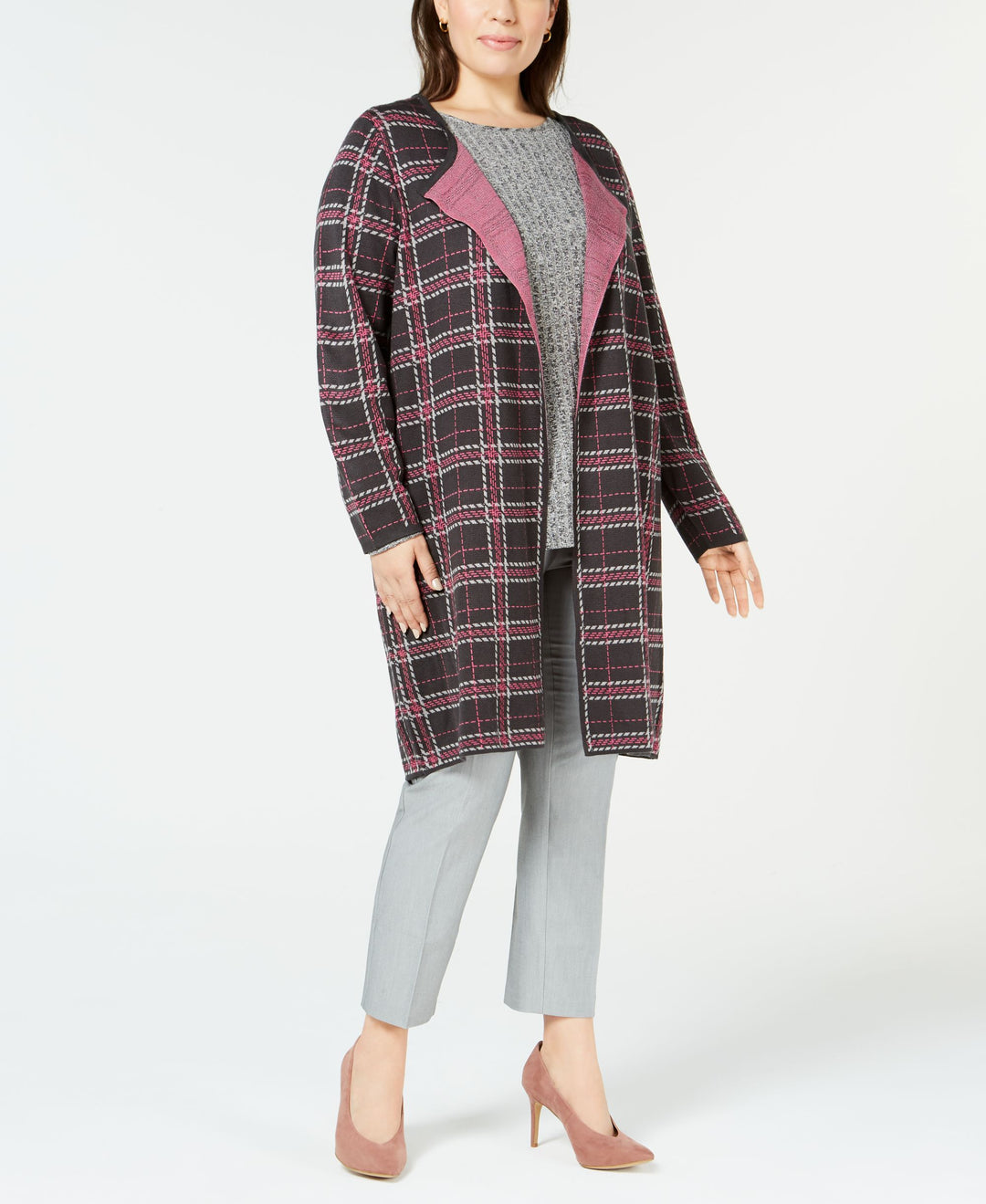 NY Collection Plus Size Jacquard Plaid Cardigan