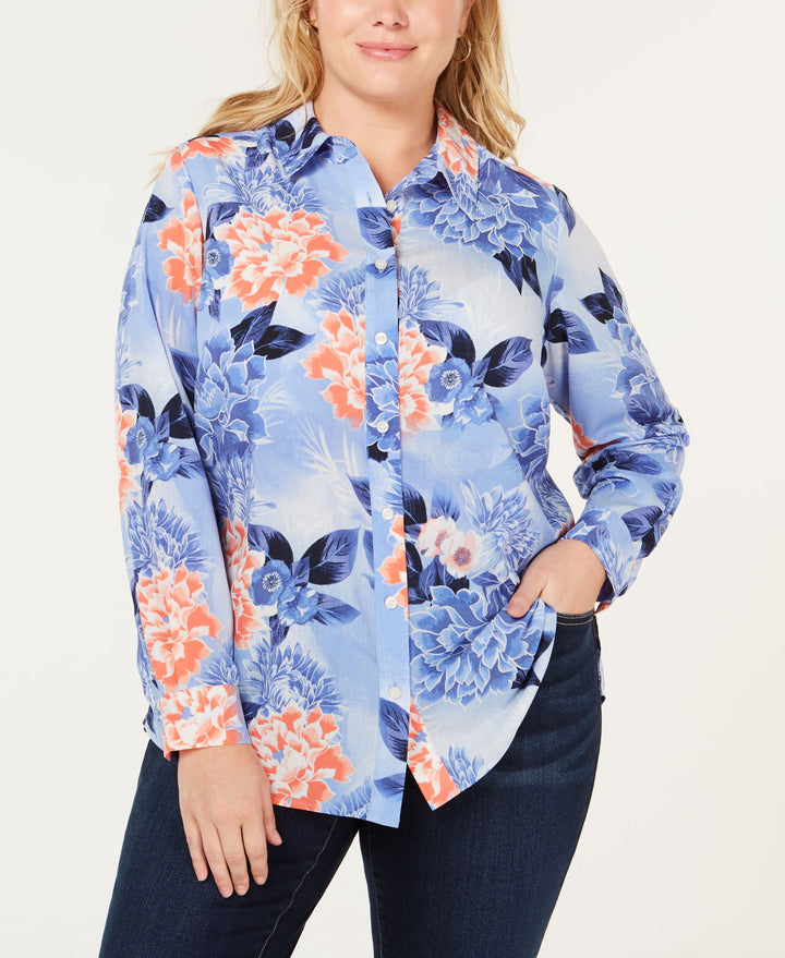 Charter Club Plus Size Floral Print Button Up Top
