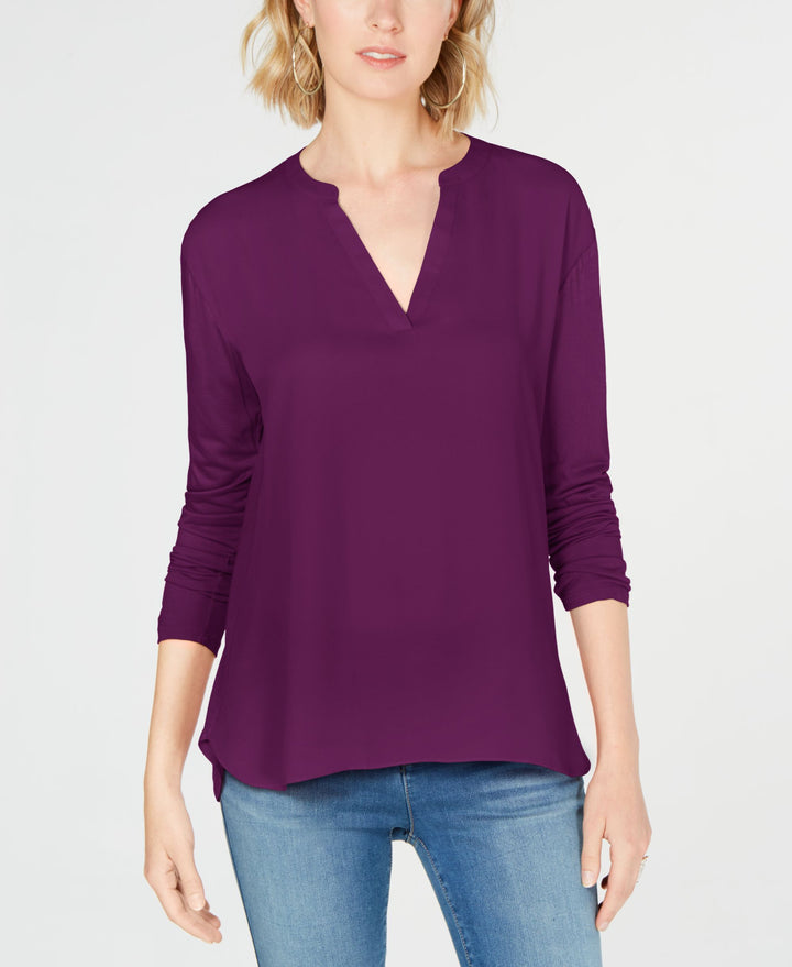 Mixed Materials Split Neck Top