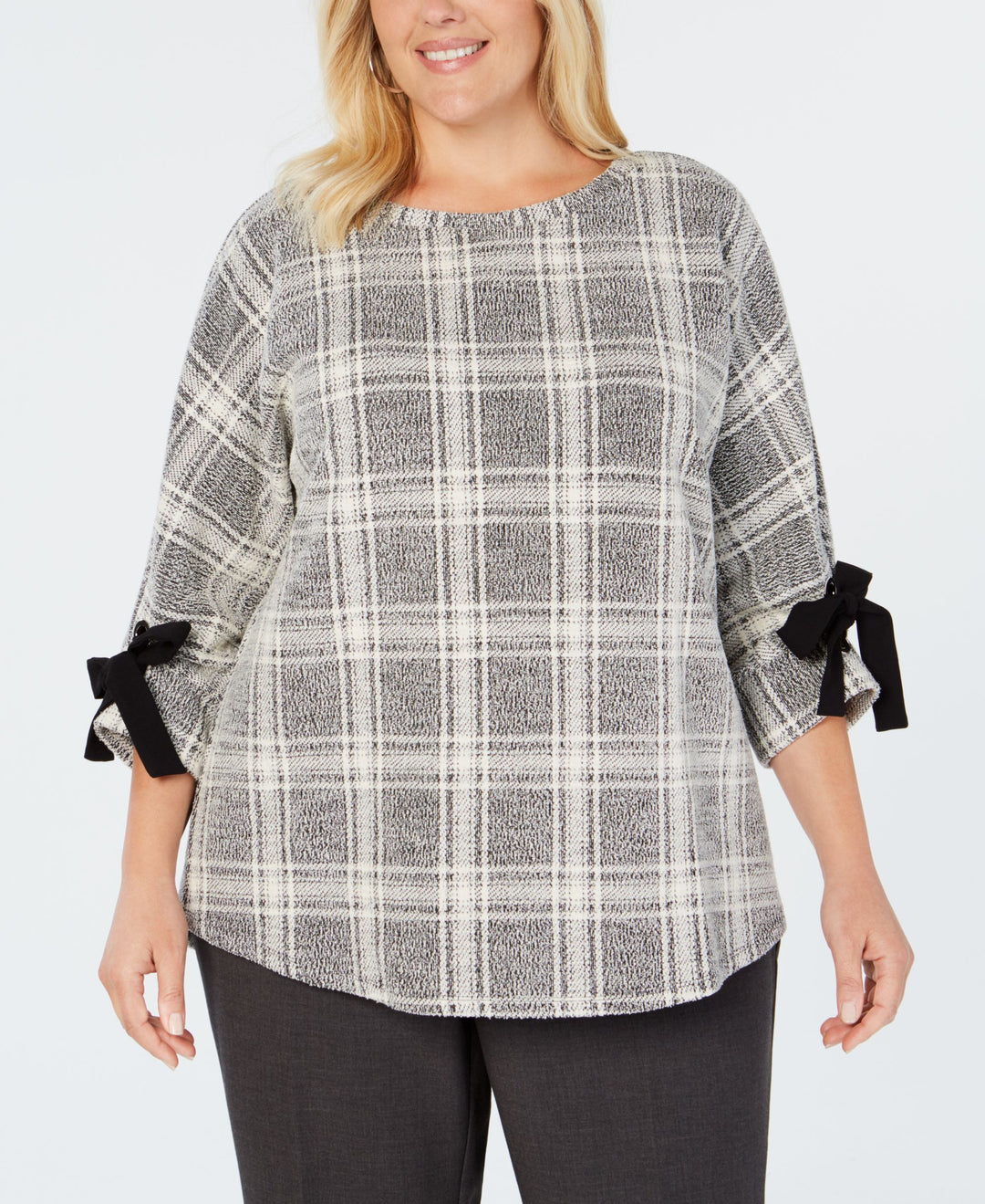 Charter Club Plus Size Plaid Bow Cuffed Dolman Sleeve Top
