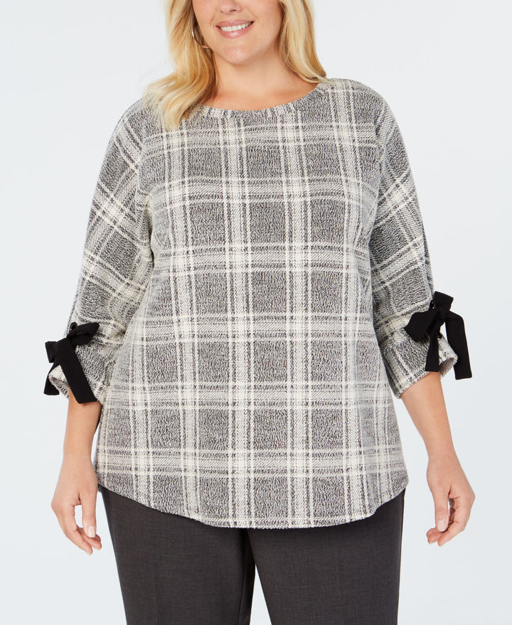 Charter Club Plus Size Plaid Bow Cuffed Dolman Sleeve Top