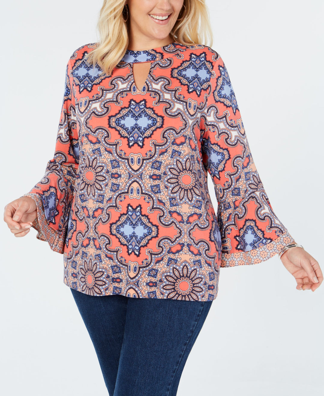 Charter Club Plus Size Medallion Print Ruffle Cuffed Top