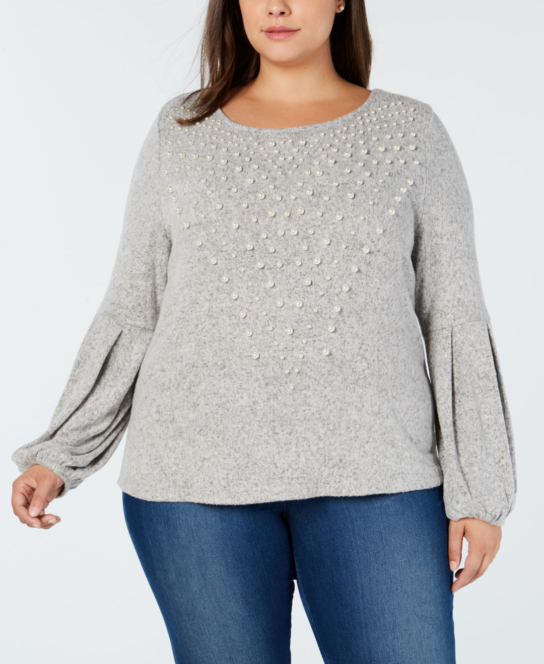 I.N.C. Plus Size Pearl-Embellished Puff-Sleeve Sweater