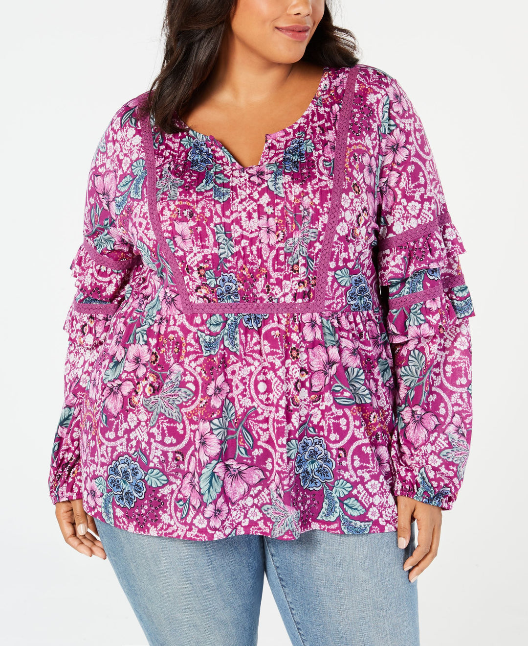 Plus Size Floral-Print Tiered-Sleeve Blouse