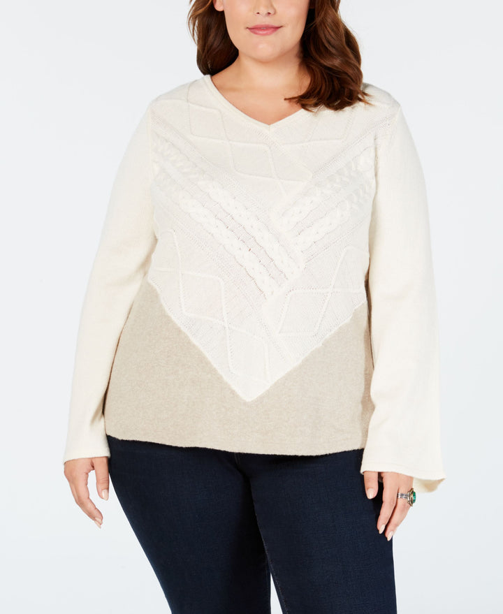 Plus Size V-Neck Mixed-Stitch Sweater