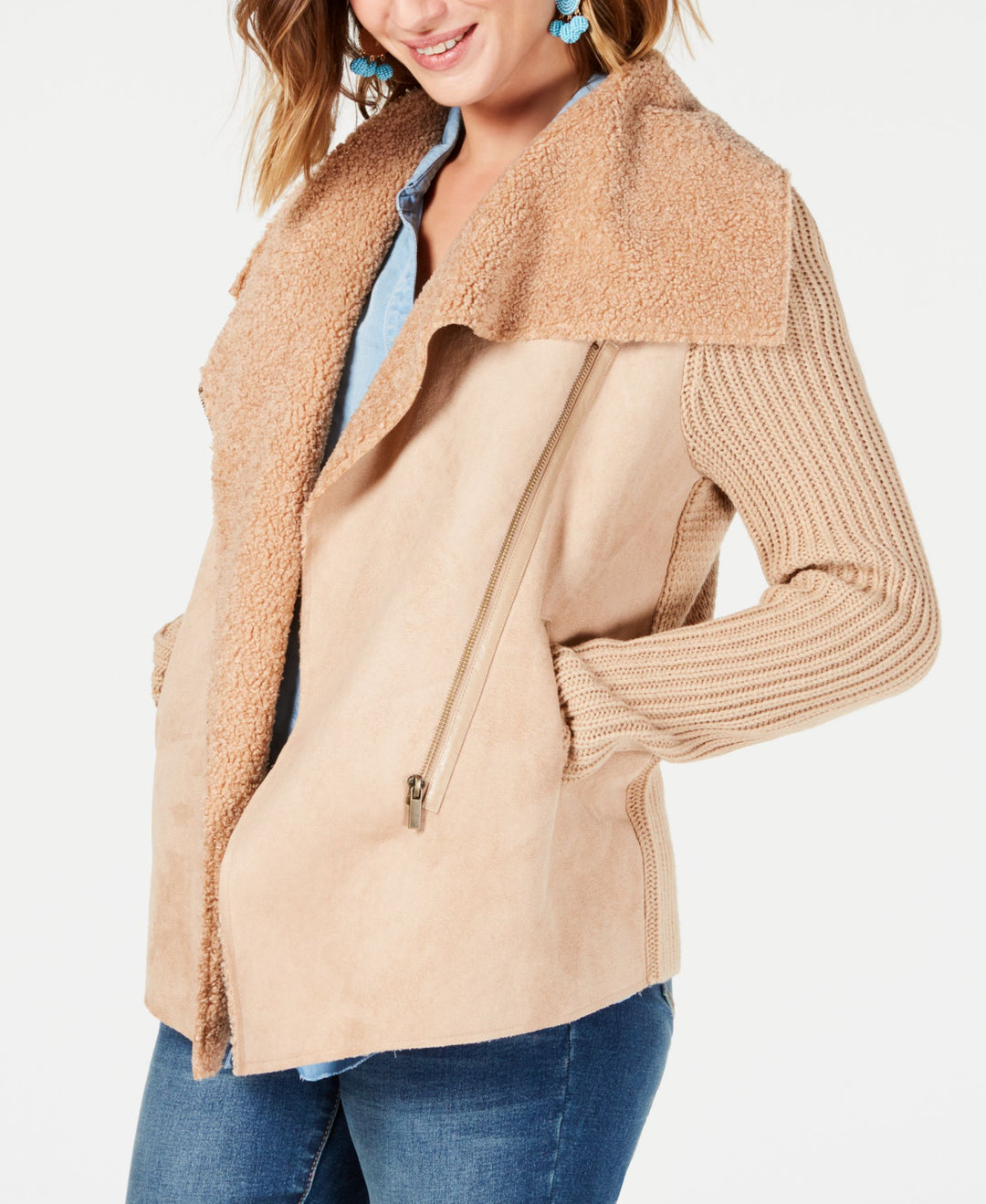 Style & Co Petite Faux Shearling Knit Sleeve Jacket