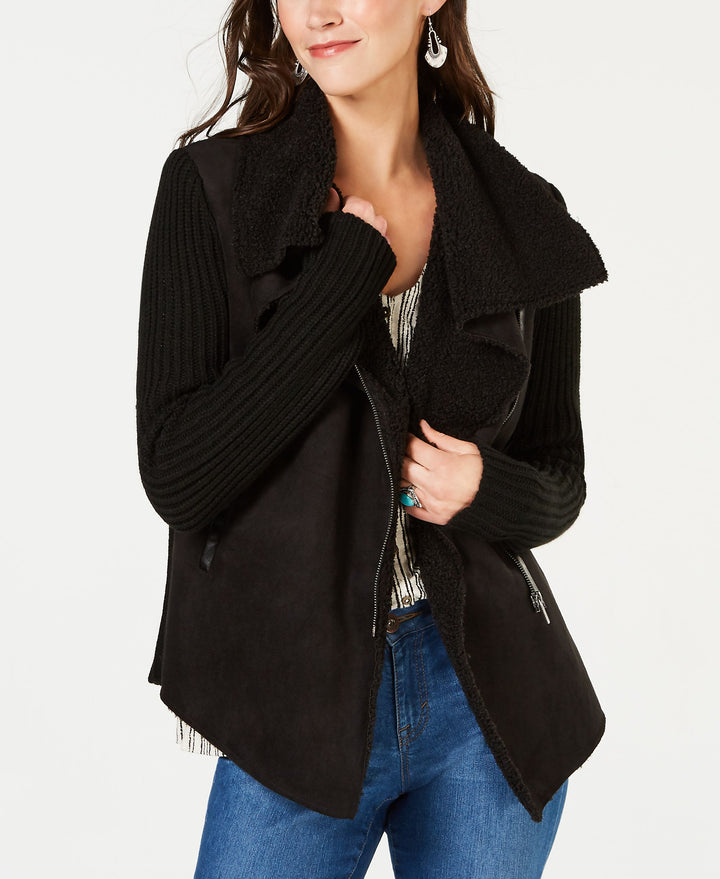 Style & Co Petite Faux Shearling Knit Sleeve Jacket