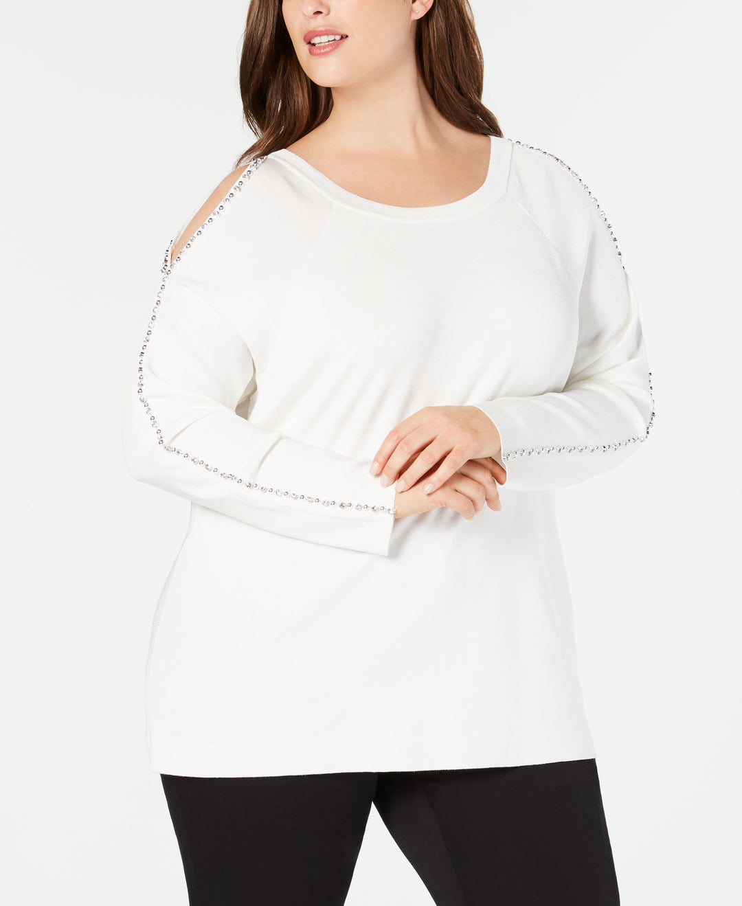 I.N.C. Plus Size Rhinestone-Trim Cold-Shoulder Sweater