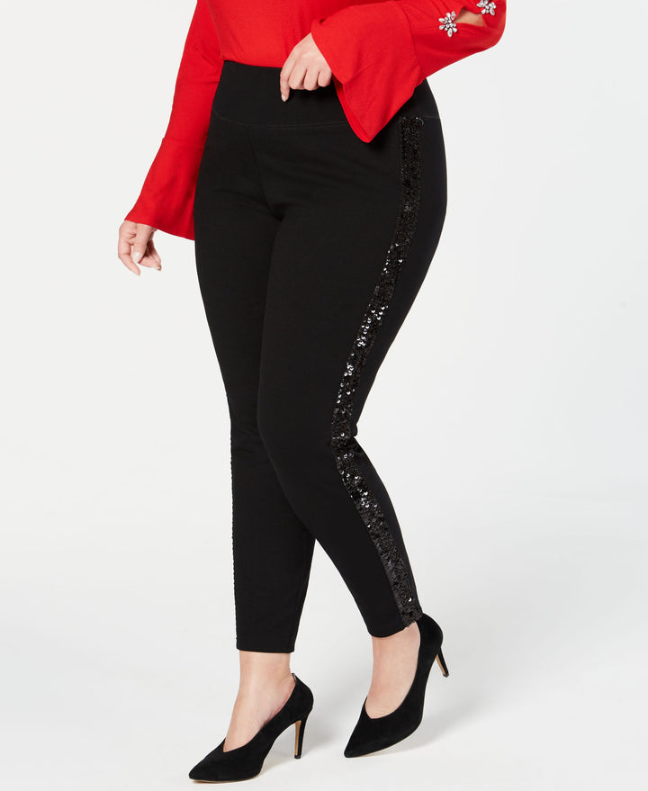 Plus Size Sequin Varsity Stripe Ponte Knit Pants