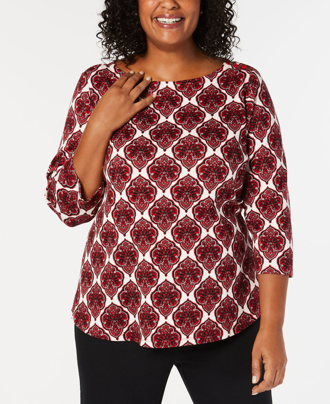 Plus Size Cotton Printed 3/4-Sleeve Top