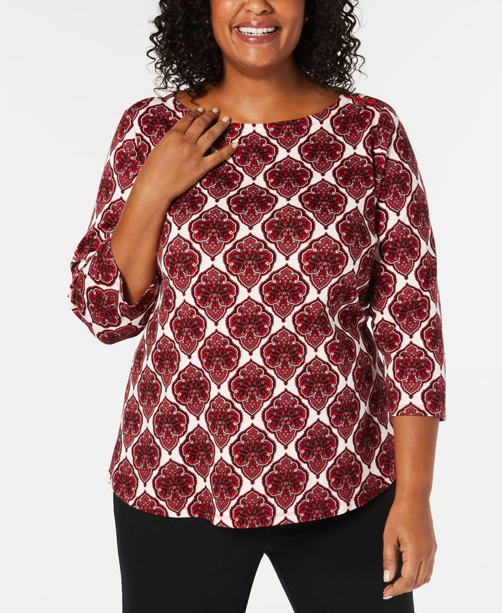 Plus Size Cotton Printed 3/4-Sleeve Top
