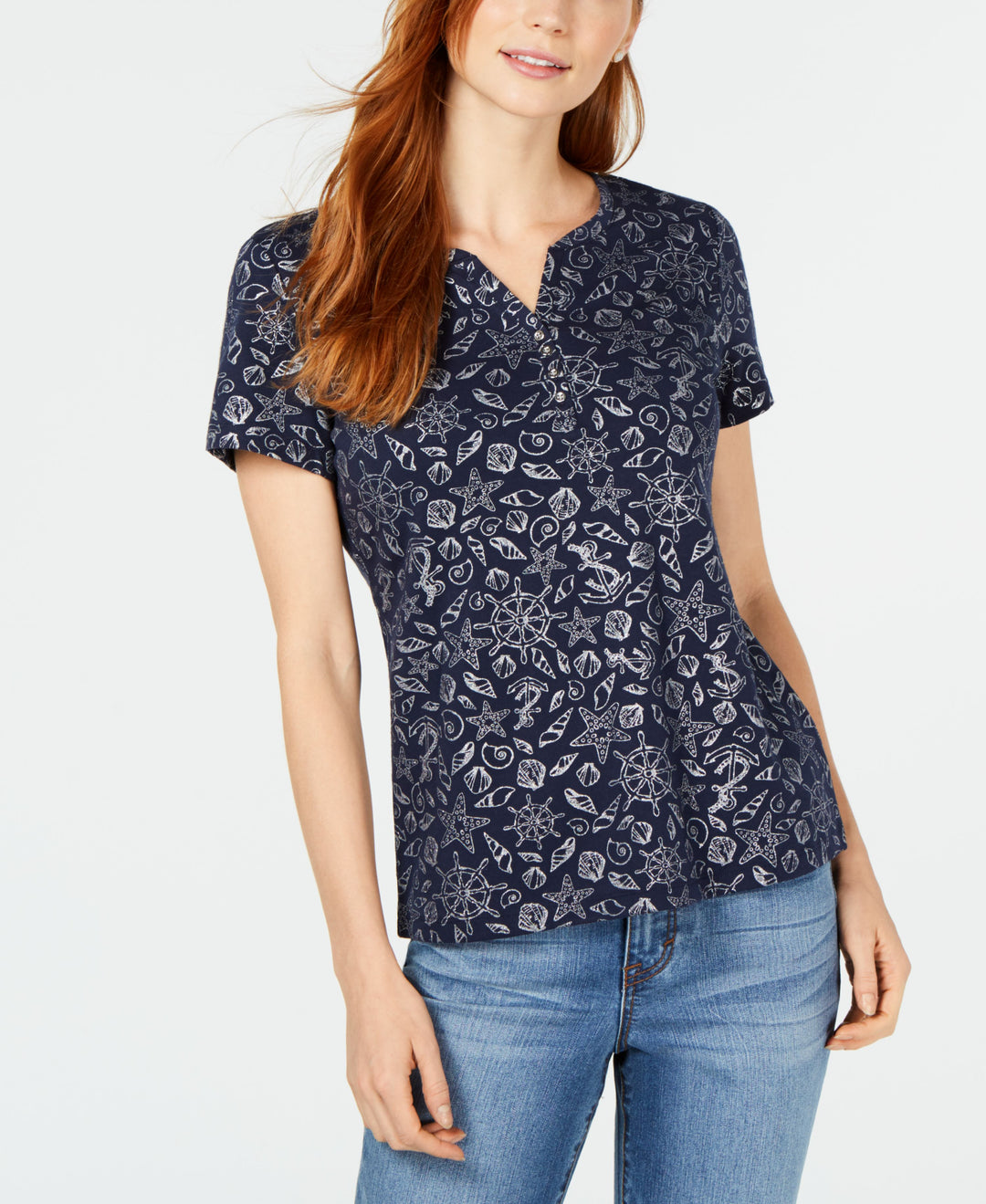 Foil-Print Split-Neck T-Shirt