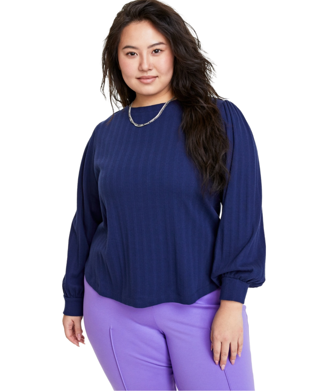 Plus Size Pointelle-Rib Long-Sleeve Top