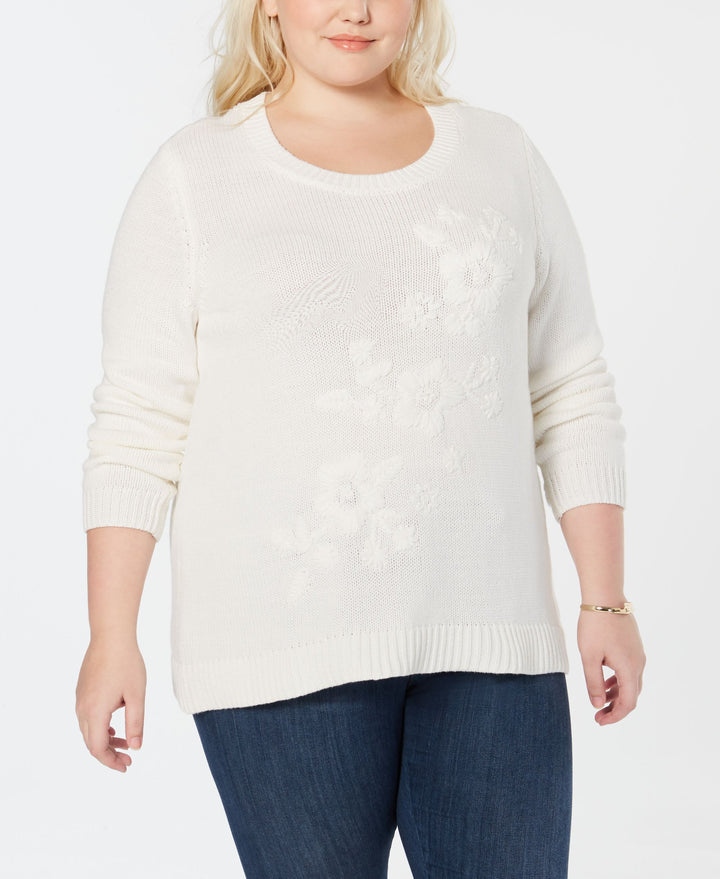 Style & Co Plus Size Tonal Flower Embroidered Sweater