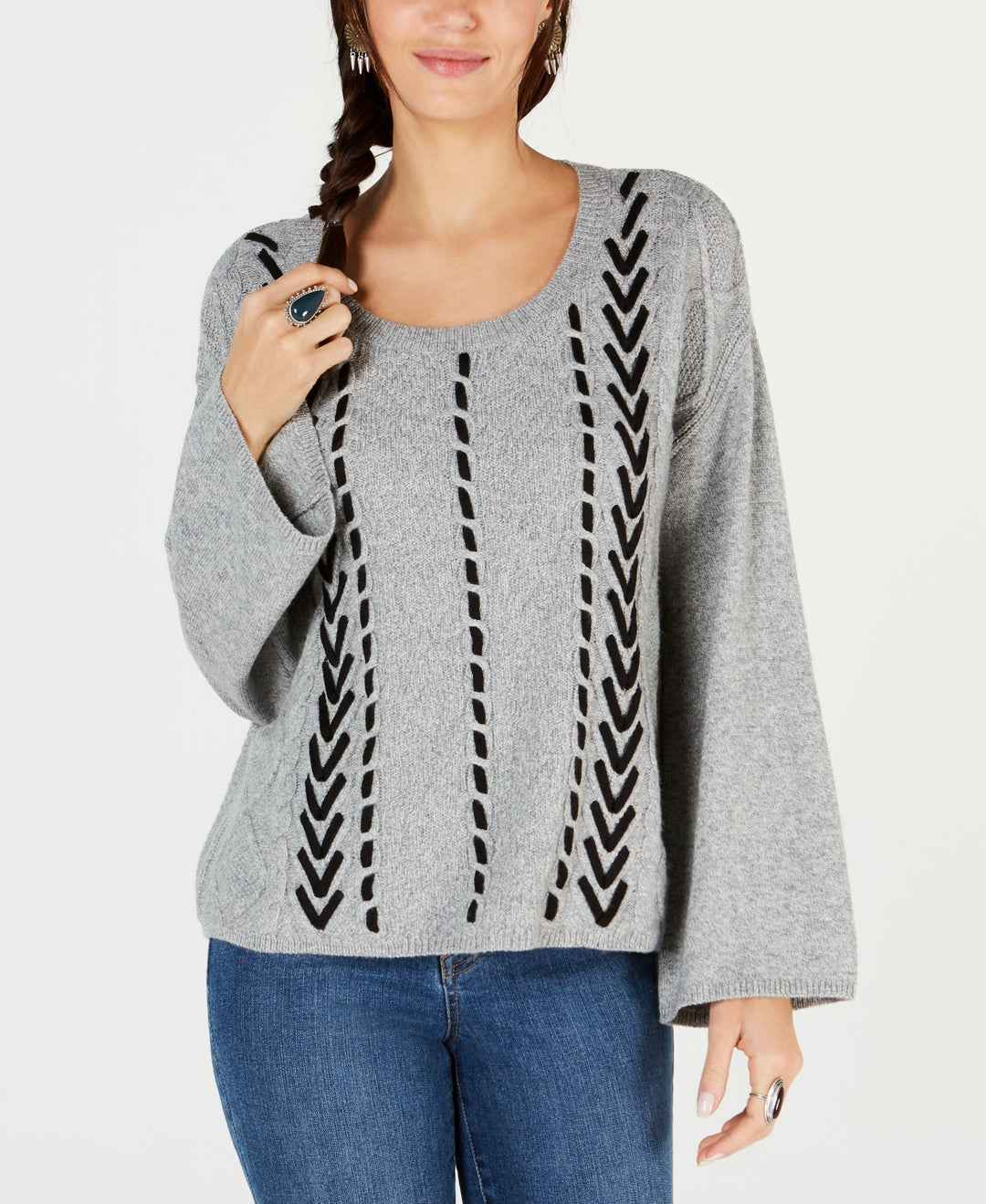 Style & Co Petite Fabric Trim Cable Sweater