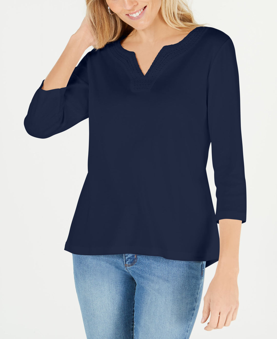 Karen Scott Cotton Crochet Trim Split Neck Top