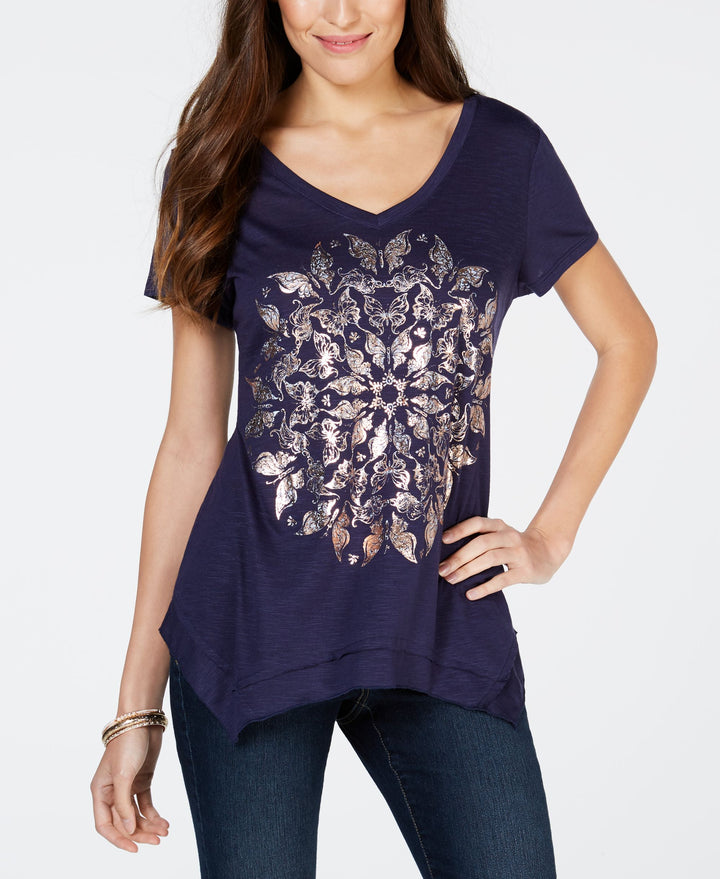 Style & Co Metallic Print Handkerchief Hem Top