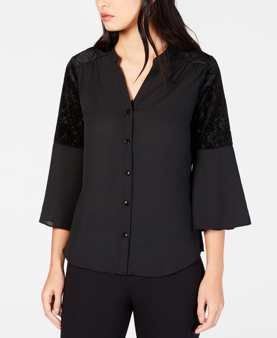 NY Collection Petite Bell Sleeve Velvet Burnout Blouse