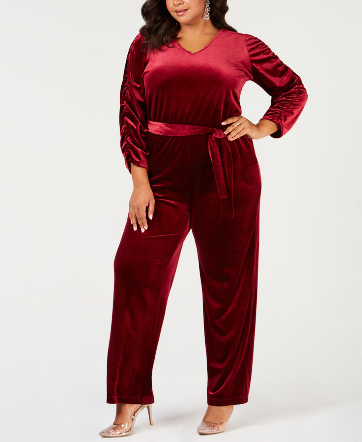 NY Collection Plus Size Belted Velvet Jumpsuit