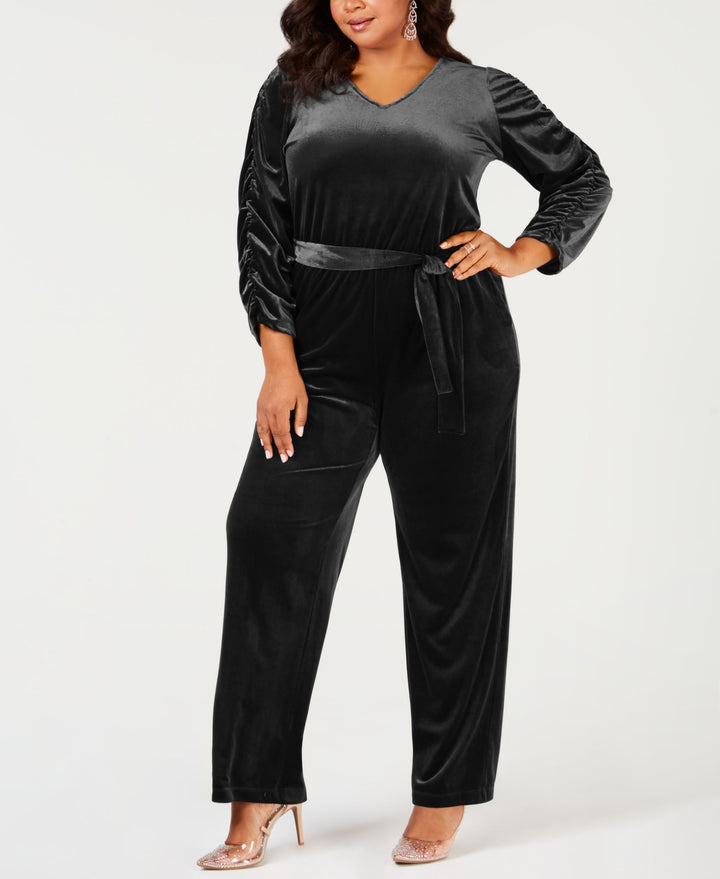 NY Collection Plus Size Belted Velvet Jumpsuit
