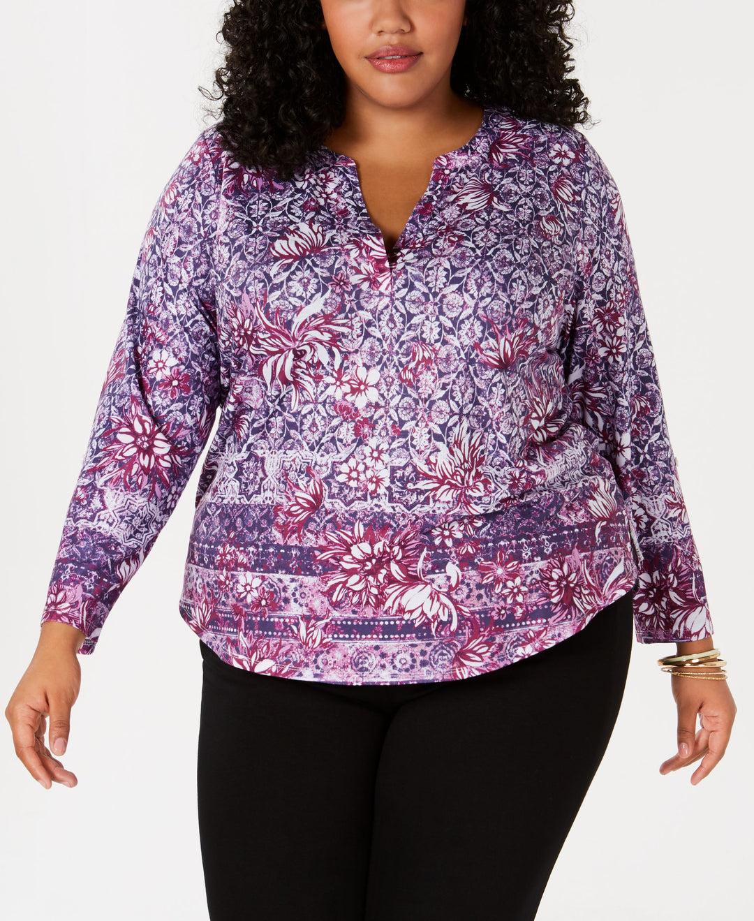 Style & Co Plus Size Printed Split Neck Top