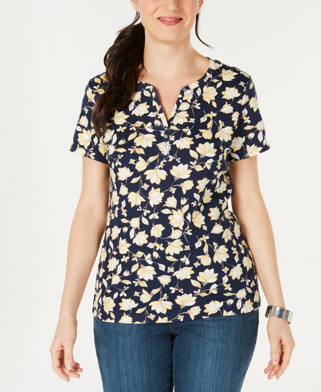 Karen Scott Printed Split Neck T-Shirt