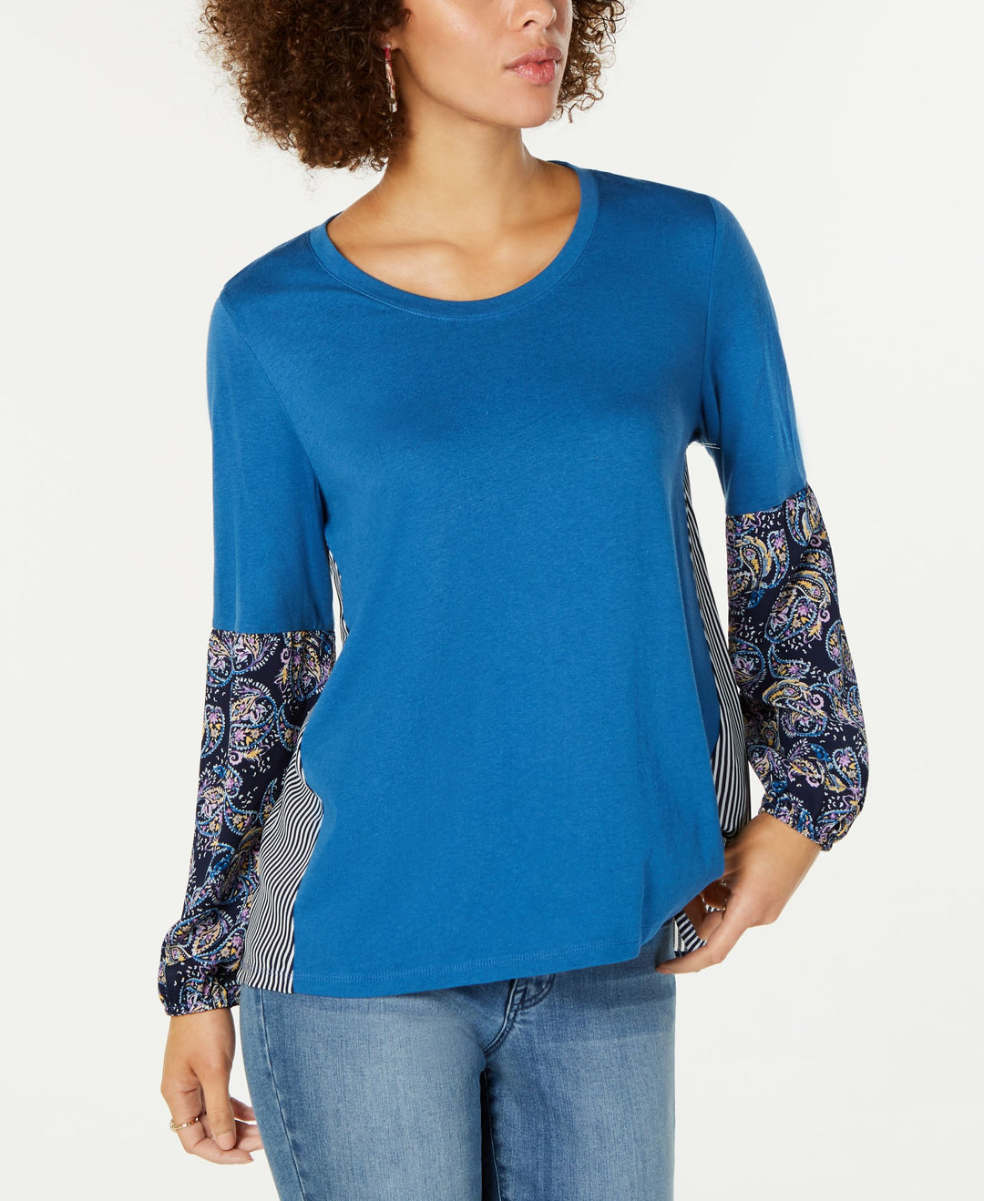 Mixed-Media Blouson-Sleeve Top