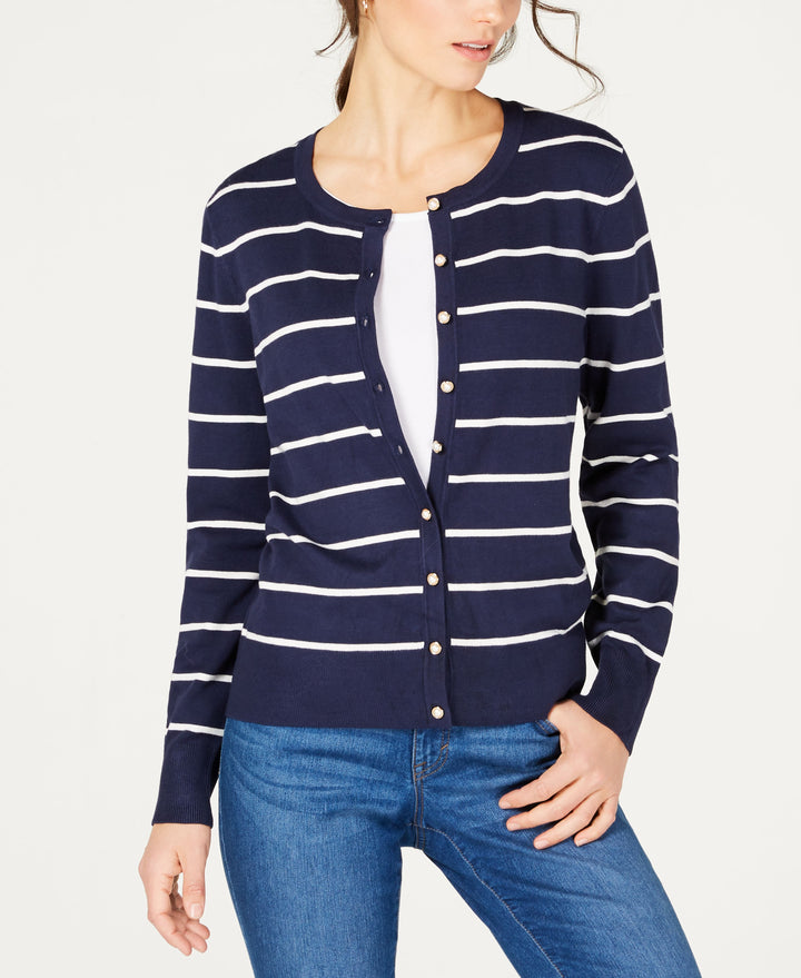 Charter Club Faux Pearl Button Striped Cardigan