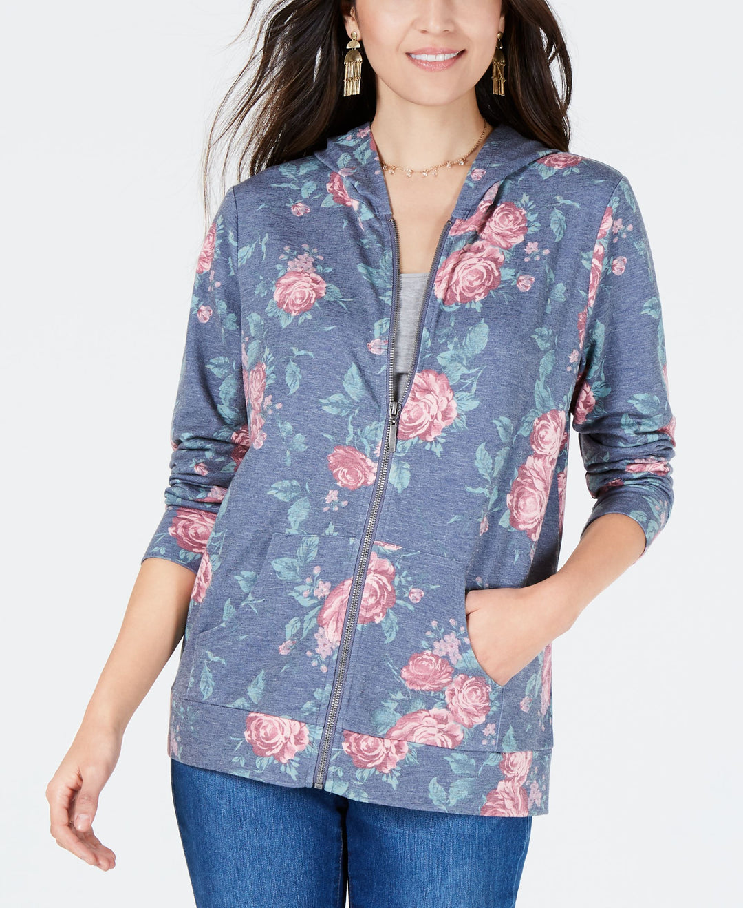 Floral-Print Zip-Up Hoodie Top