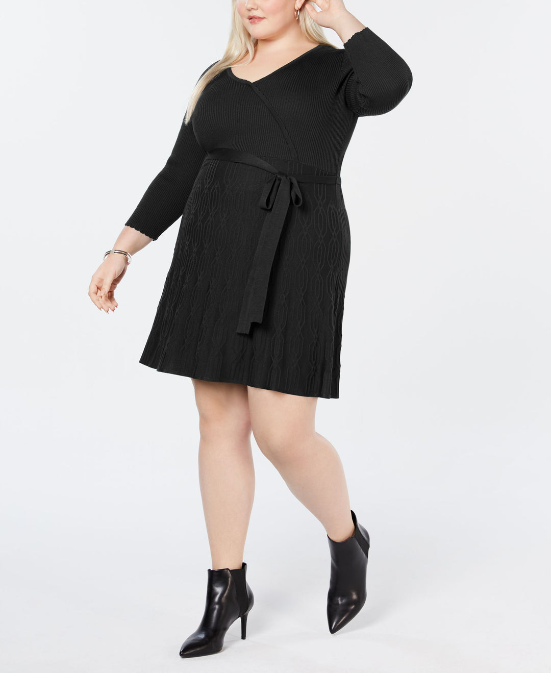 NY Collection Womens Faux Wrap Fit & Flare Sweater Dress - Black - 1XP NY Collection Womens Faux Wrap Fit & Flare Sweater Dress - Black - 1XP