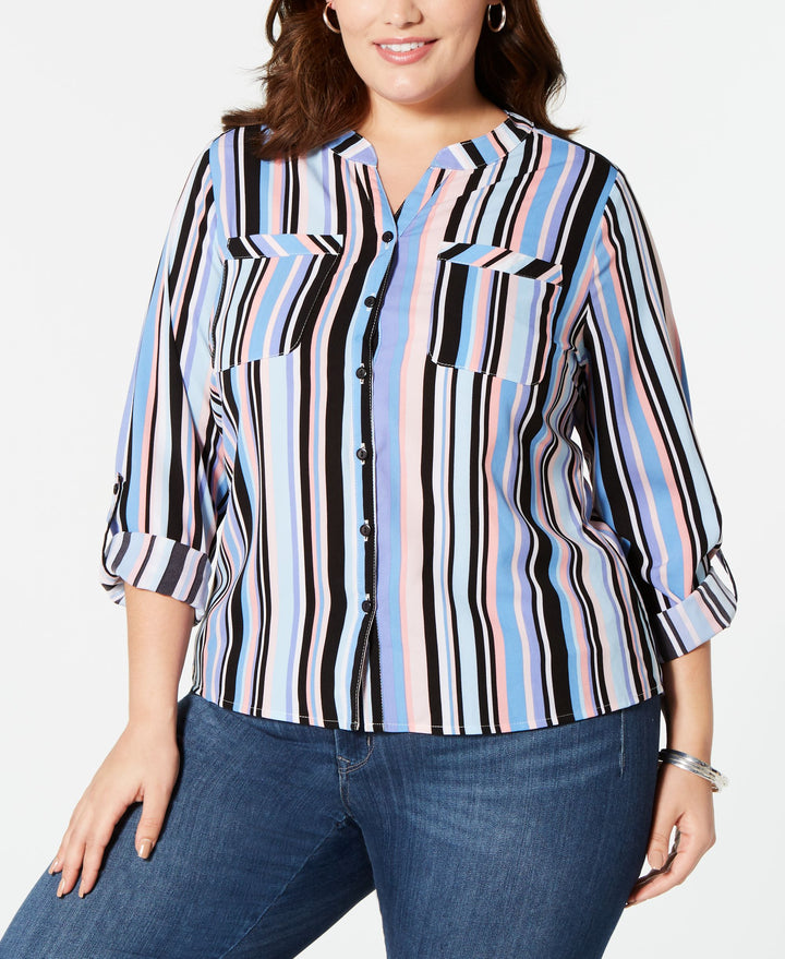 NY Collection Plus Size Printed Button Front Roll Tab Shirt