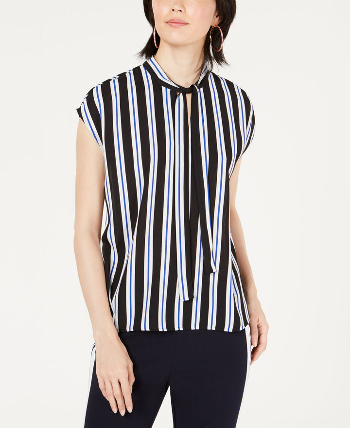 Bar III Striped Tie Neck Top