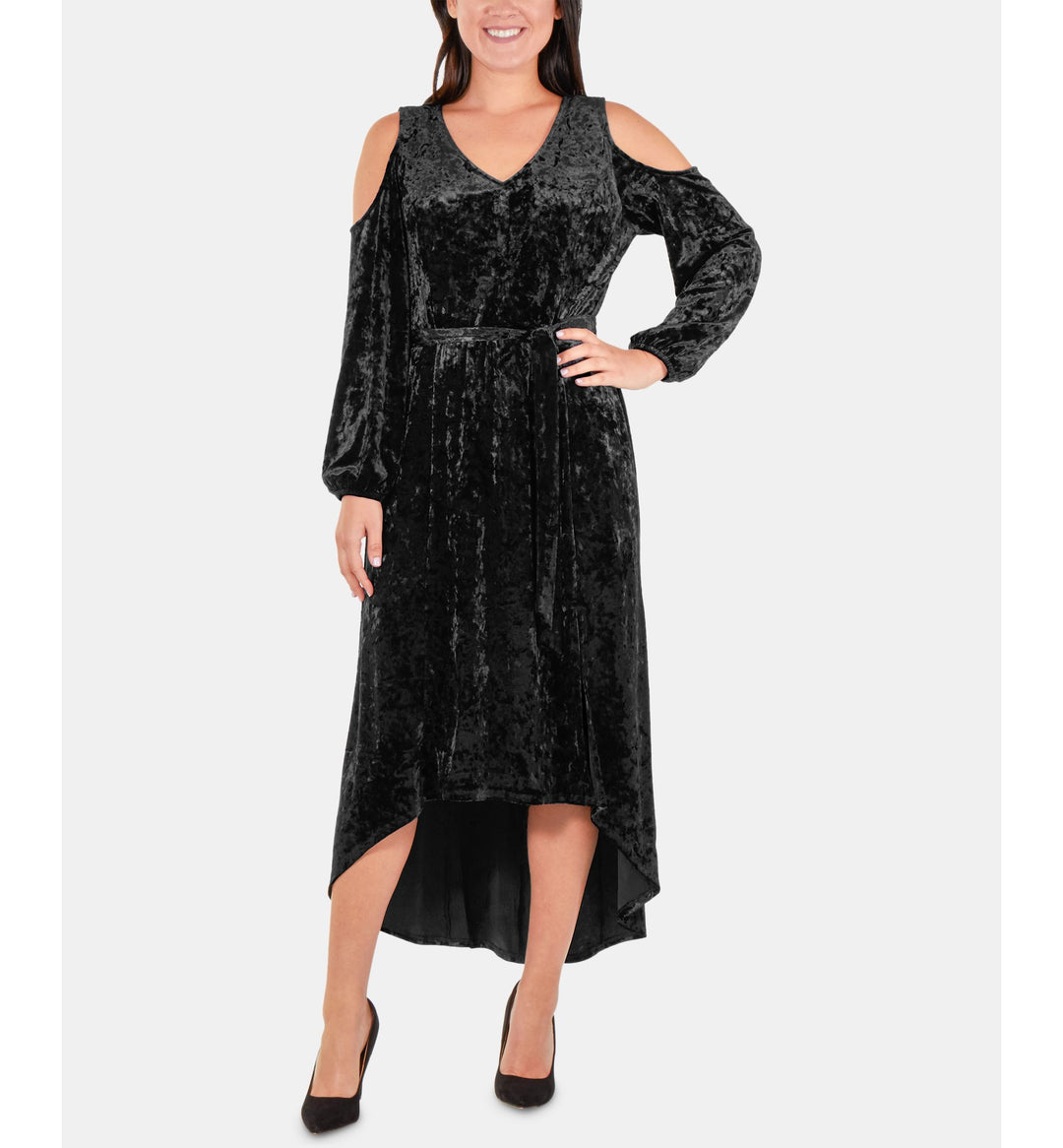 NY Collection Petite Velvet High Low Cold Shoulder Dress
