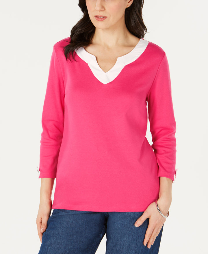 Karen Scott Cotton Split Neck Tab Sleeve Top