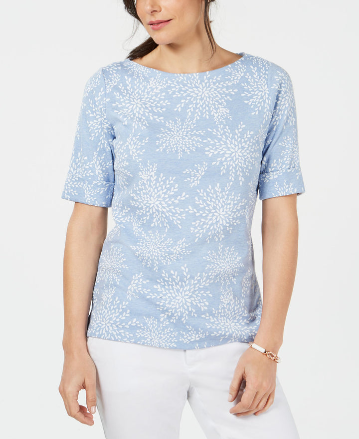 Karen Scott Printed Elbow Sleeve Boat Neck Top