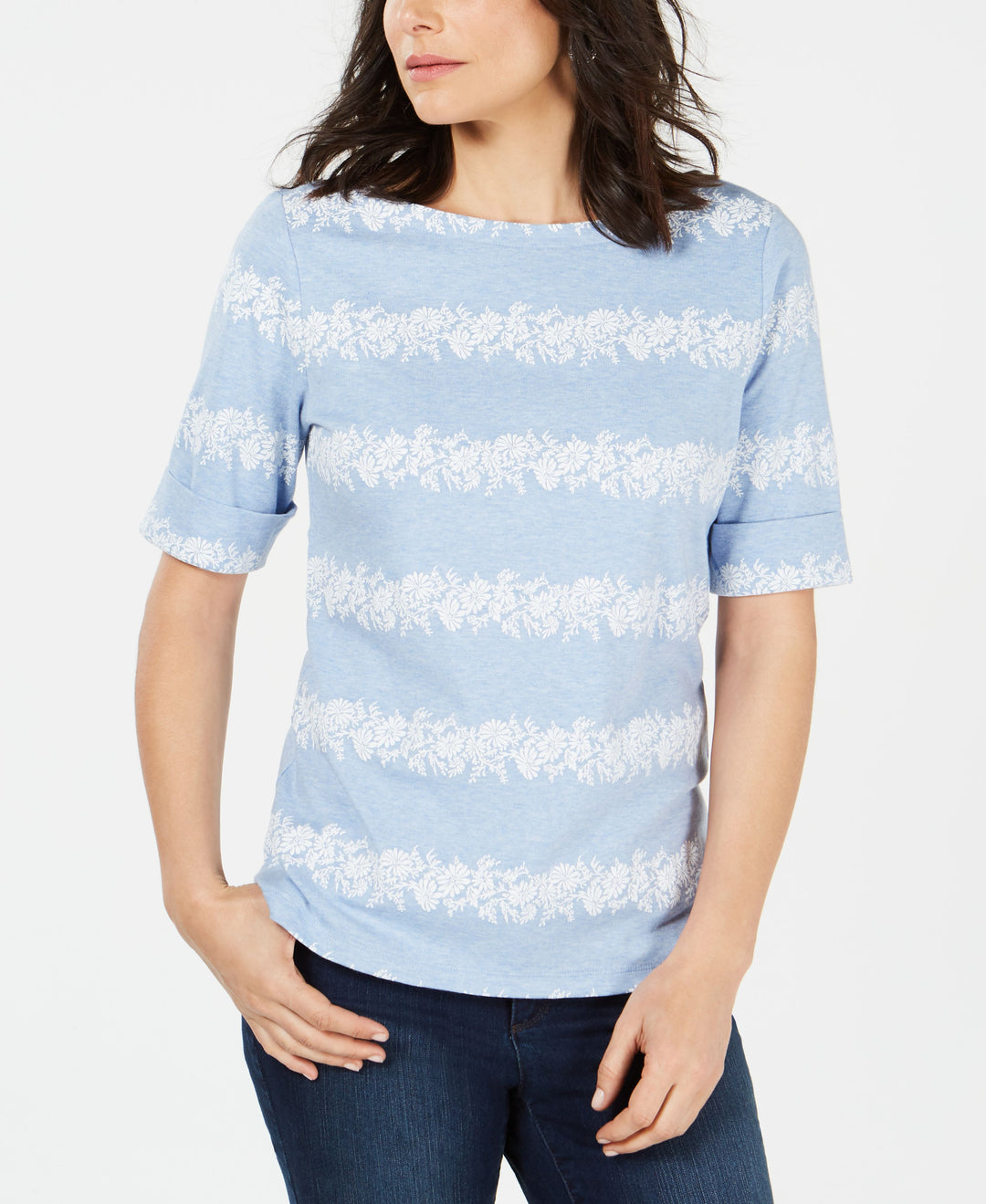 Karen Scott Floral Striped Boat Neck Top