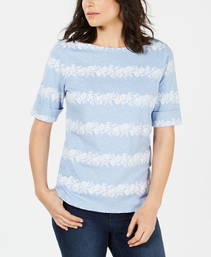 Karen Scott Floral Striped Boat Neck Top