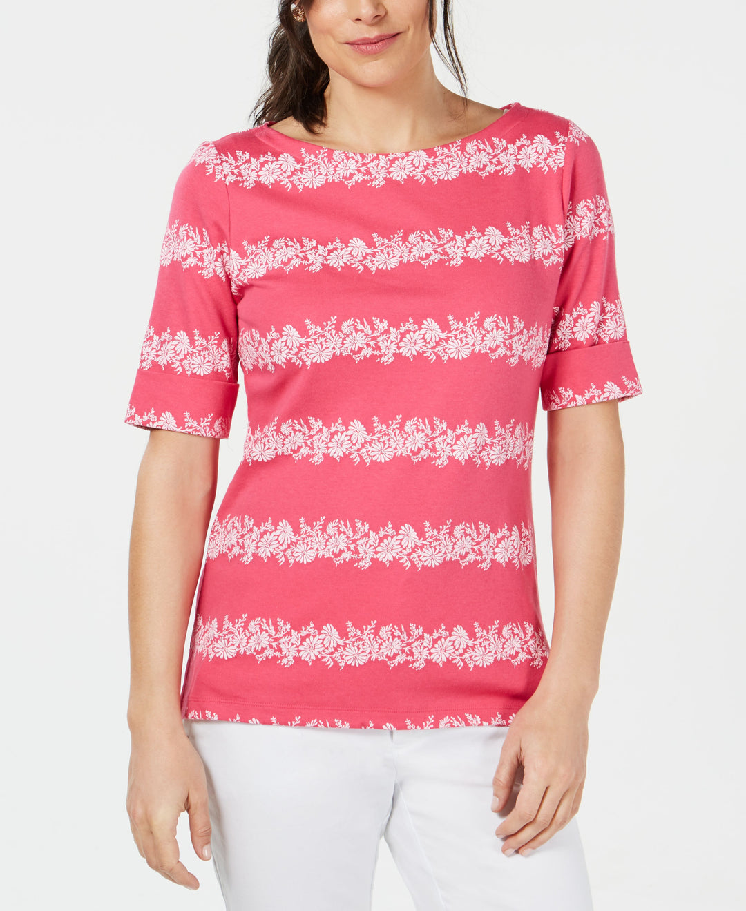 Karen Scott Floral Striped Boat Neck Top