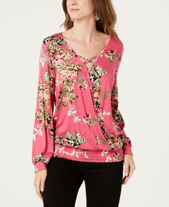 Printed-Stripe Smocked Surplice Top