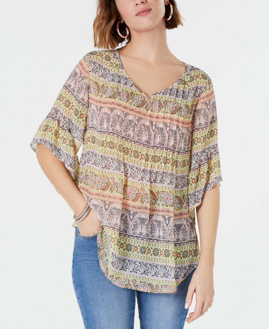 Retro Scarf-Print Pintuck-Pleat Top