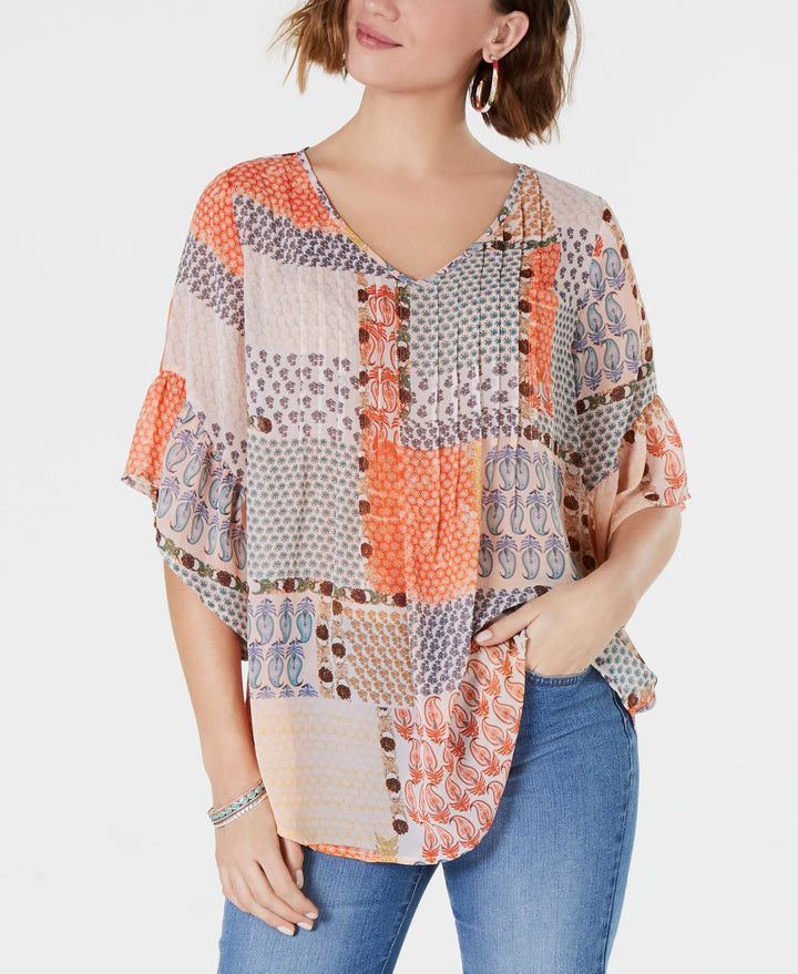 Retro Scarf-Print Pintuck-Pleat Top