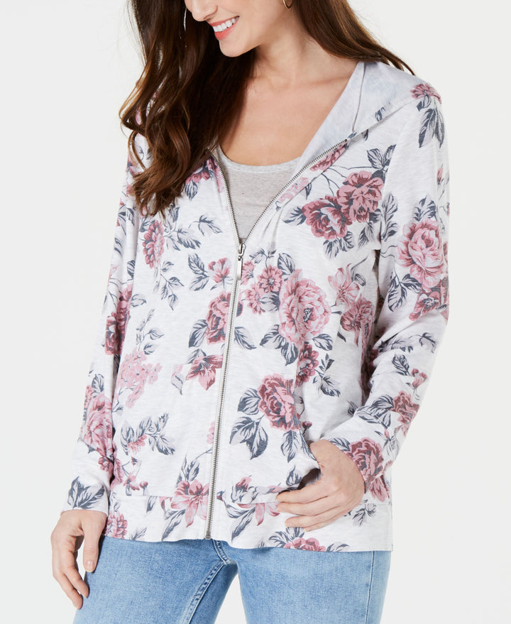 Floral-Print Zip-Up Hoodie Top