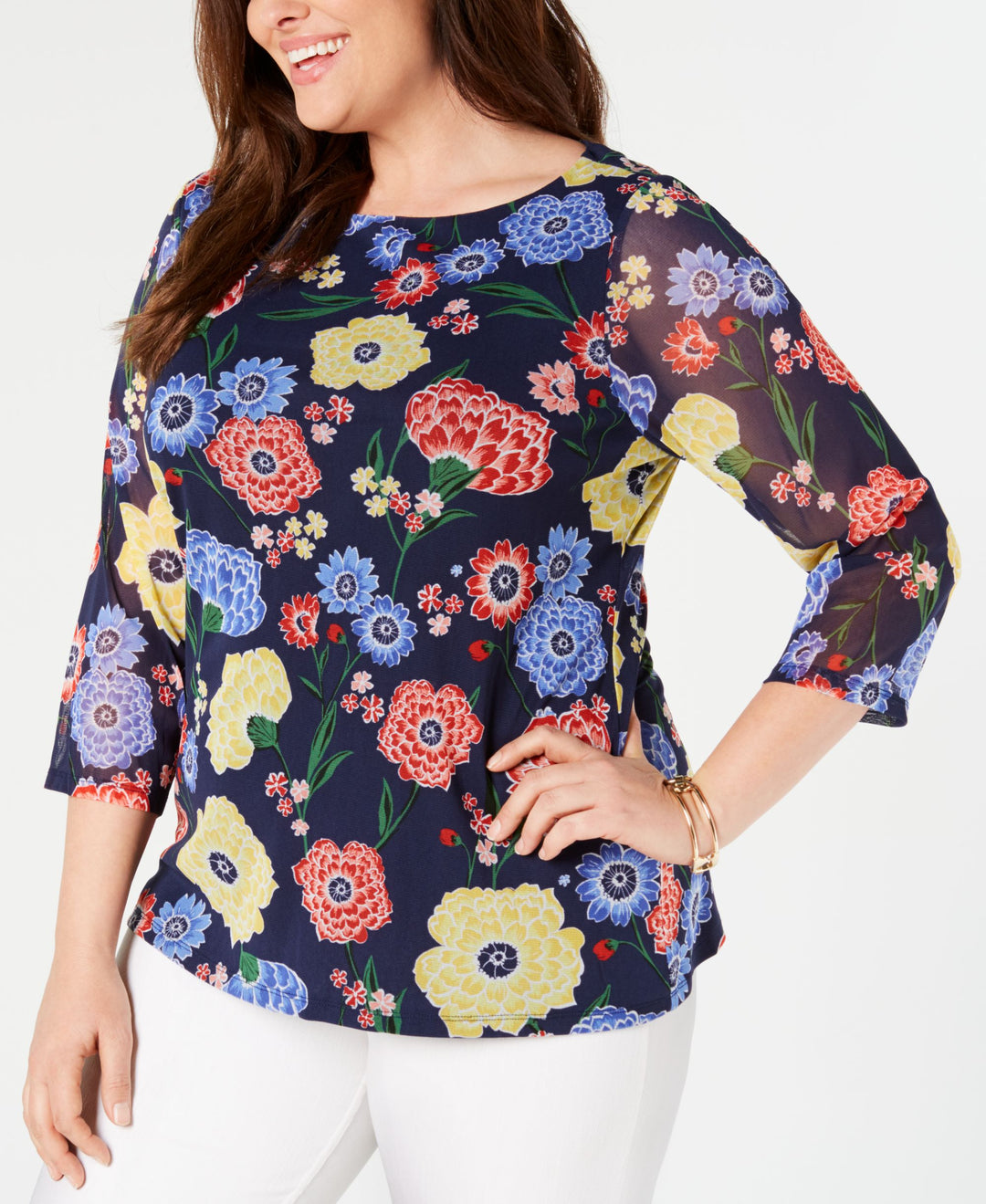 Charter Club Plus Size Printed Mesh 3/4 Sleeve Top